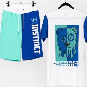NWT- Instinct Drippy Bear Galaxy Harvic Graphic Shorts Set- White/Blue/Aqua